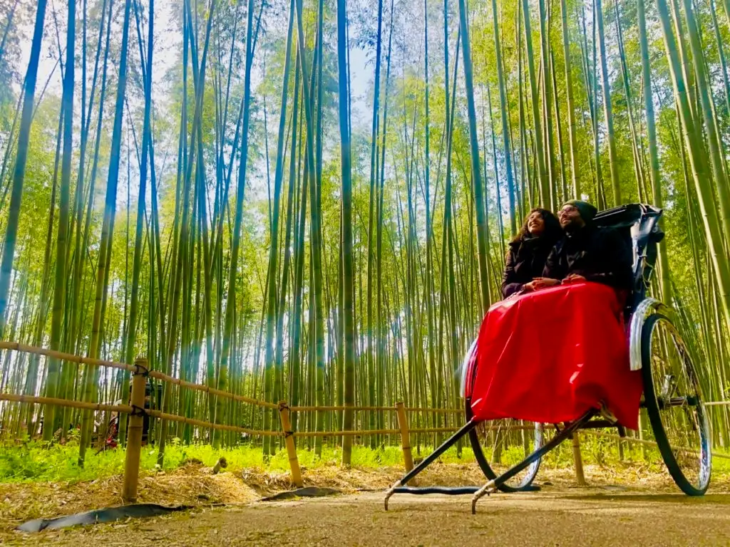 Man and woman in rickshaw ride in a bamboo forest