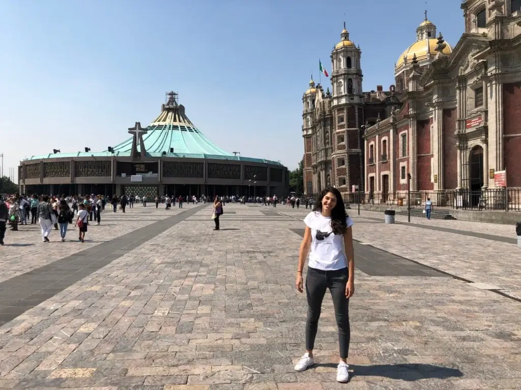 Me in front of the old basilica of guadalupeand the new church in Mexico City