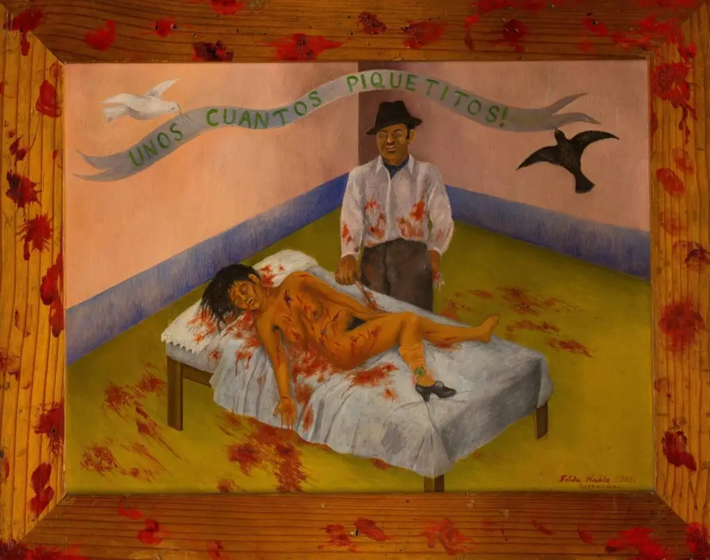 Photo of the painting Unos Cuanto Piquetitos by Frida Kahlo of a woman stabbed all over by a man standing over her in the Museo Dolores Olmedo