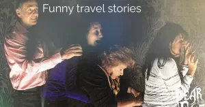 Featured image with 4 people in a line all getting scared with the text on top that says Funny Travel Stories