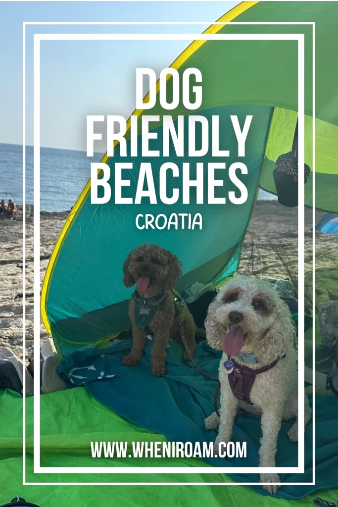 Pinterest image with a background of two dogs in a beach tent on a rocky beach in Croatia with the text that reads Pet Travel”Dog friendly beaches Croatia” 