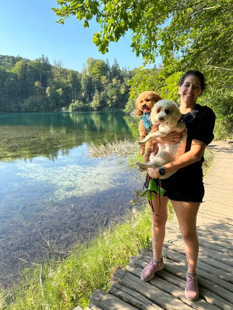 Woman in black tshit and black shorts holding two cockapoo dogs, one brown and one white with brown spots, in front Okrugljak lake in Plitvice Lakes National Park