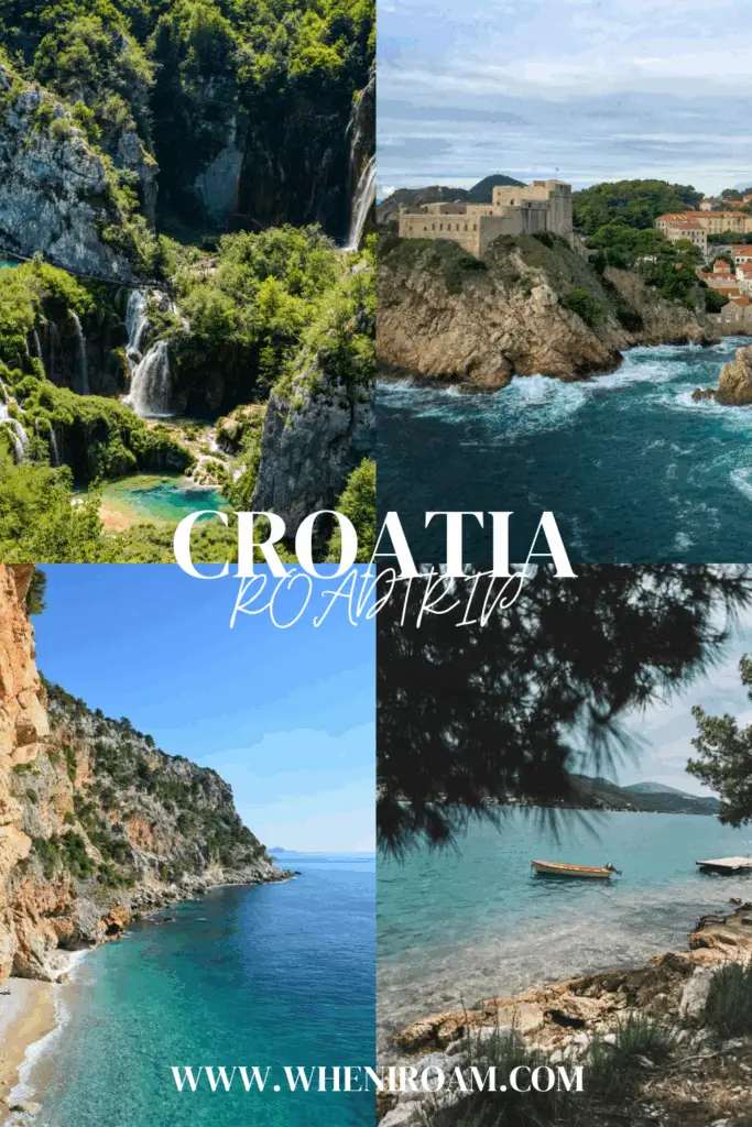 Four images, top left is plitvice lakes, top right is dubrovnik, bottom two are beaches that can be seen on a roadtrip around Croatia