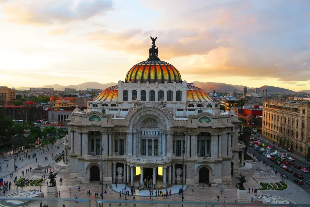 Palaciode bellas artes building in Mexico city with the sunset