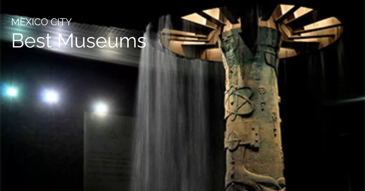 Featured image with the courtyard waterfall in Museo de Antropologia in Mexico City with the text that says Best museums in mexico city
