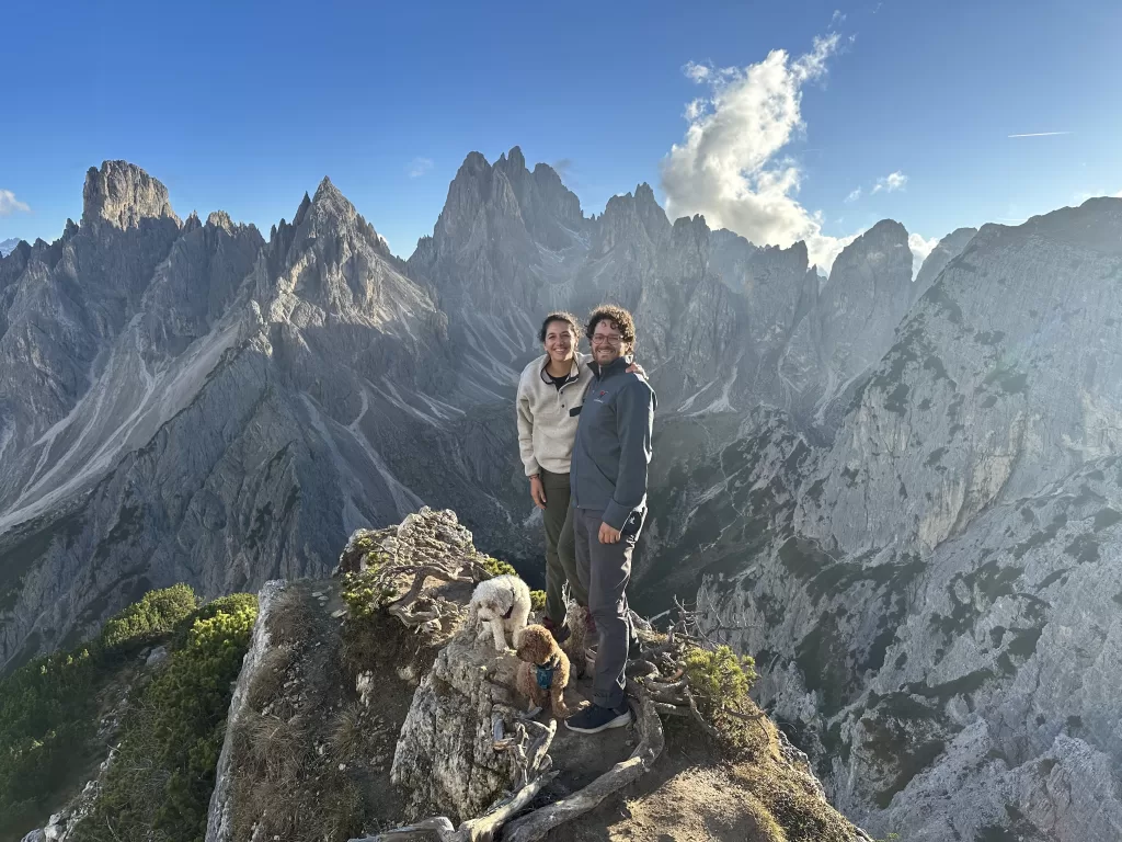 Me, my husnabd, and our two dogs at the cadini di misurina viewpoint in the dolomites