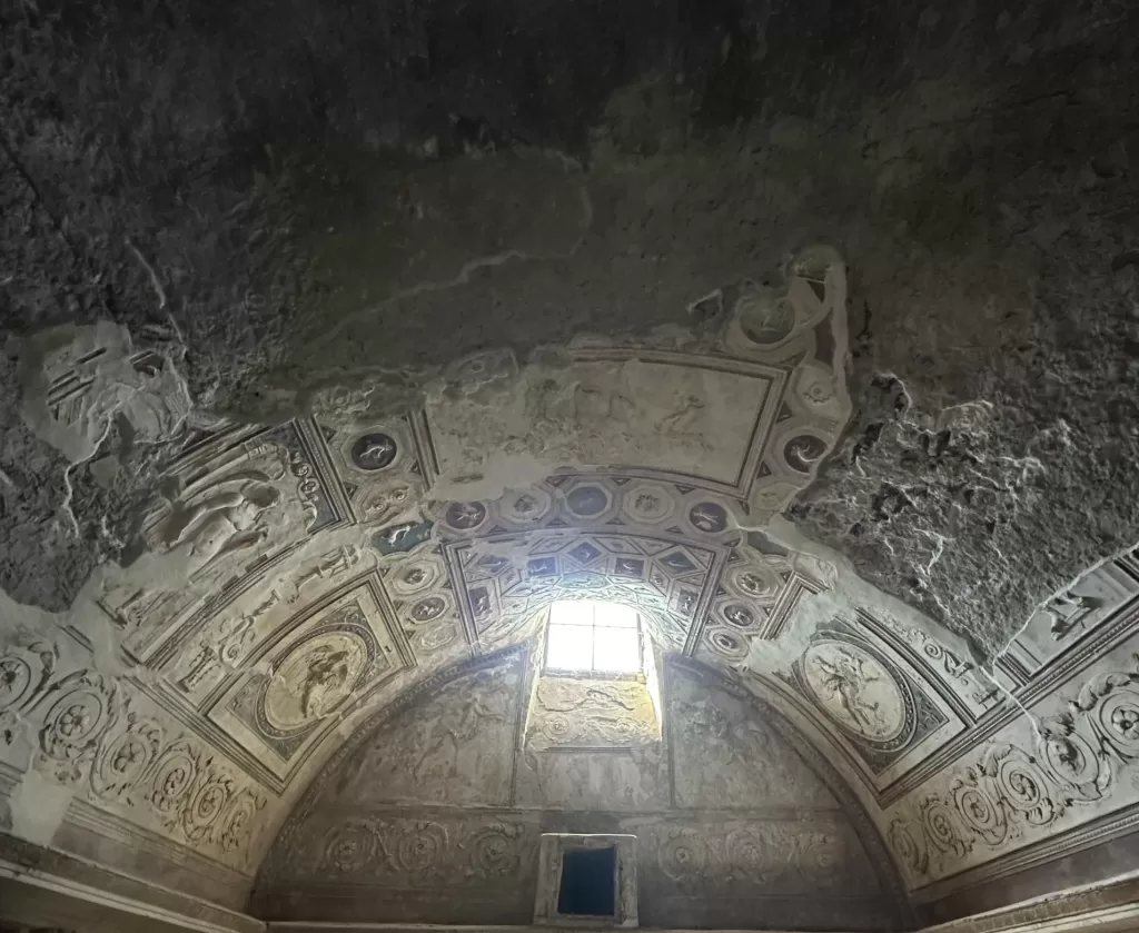 Inside the baths of the Forum in Pompeii and our dogs in our arms 