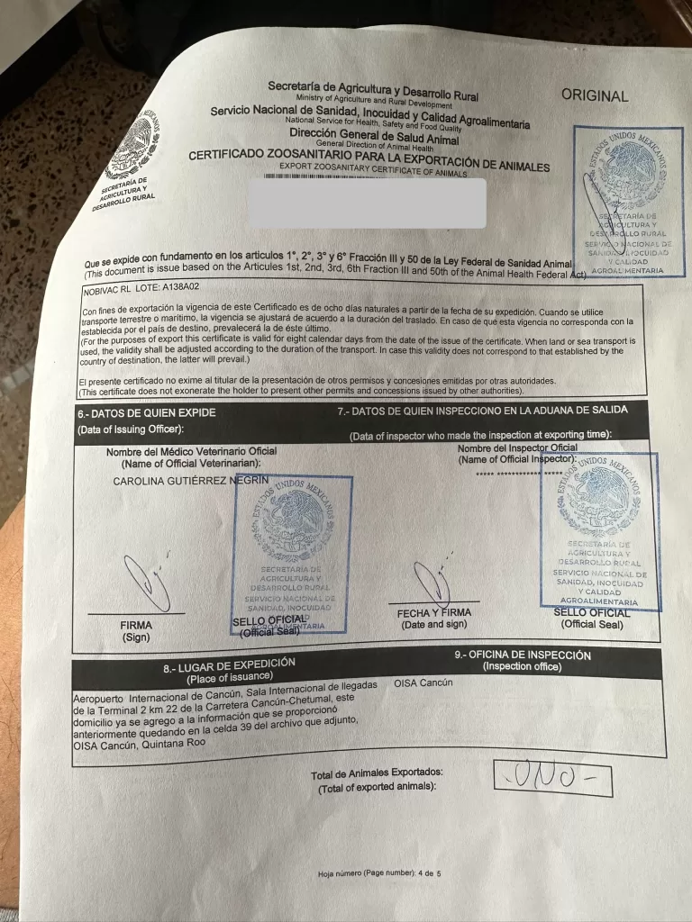 SENASICA exportation certificate for leaving mexico when traveling with your dog