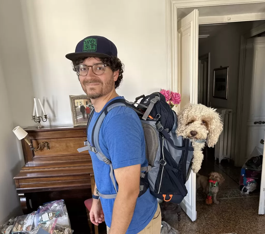 Lilo inside the dog carrier backpack by kurgo carried by my husband 