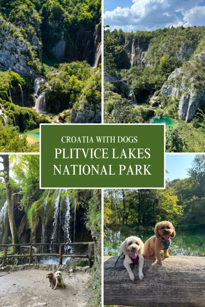 Pinterest photo for post. Has four photos of Plitvice with the two bottom ones with two dogs. 