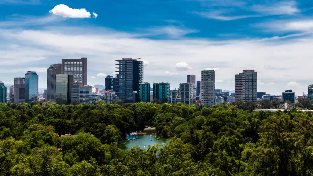 Bosque de Chapultepec with the Lago de Chapultepec and Mexico City’s skyline
