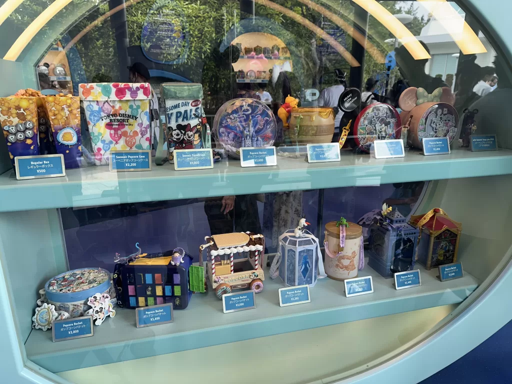 Variety of popcorn buckets from Tokyo Disneyland 